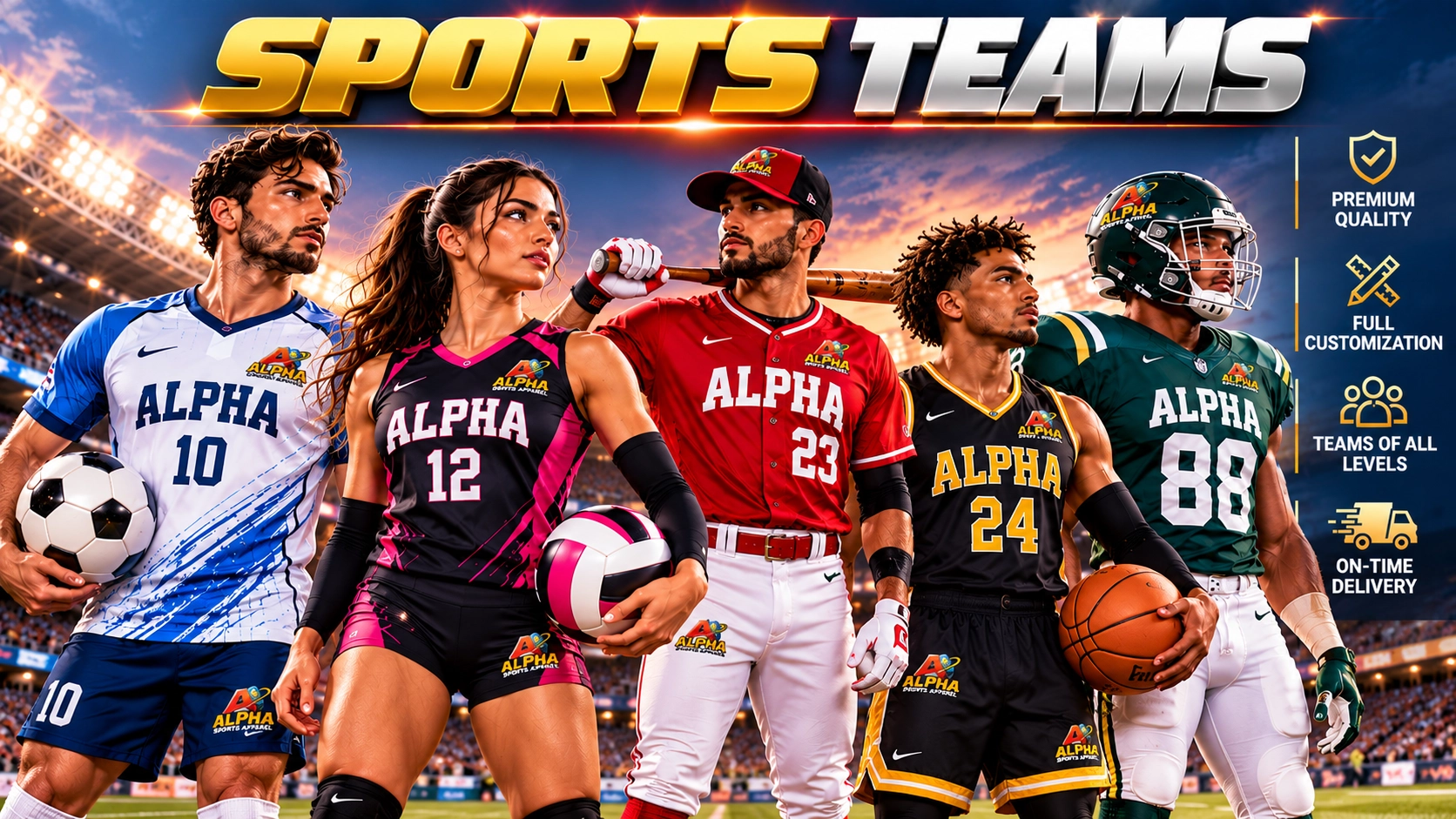 Custom sportswear for soccer, basketball, baseball and football teams by Alpha Sports Apparel
