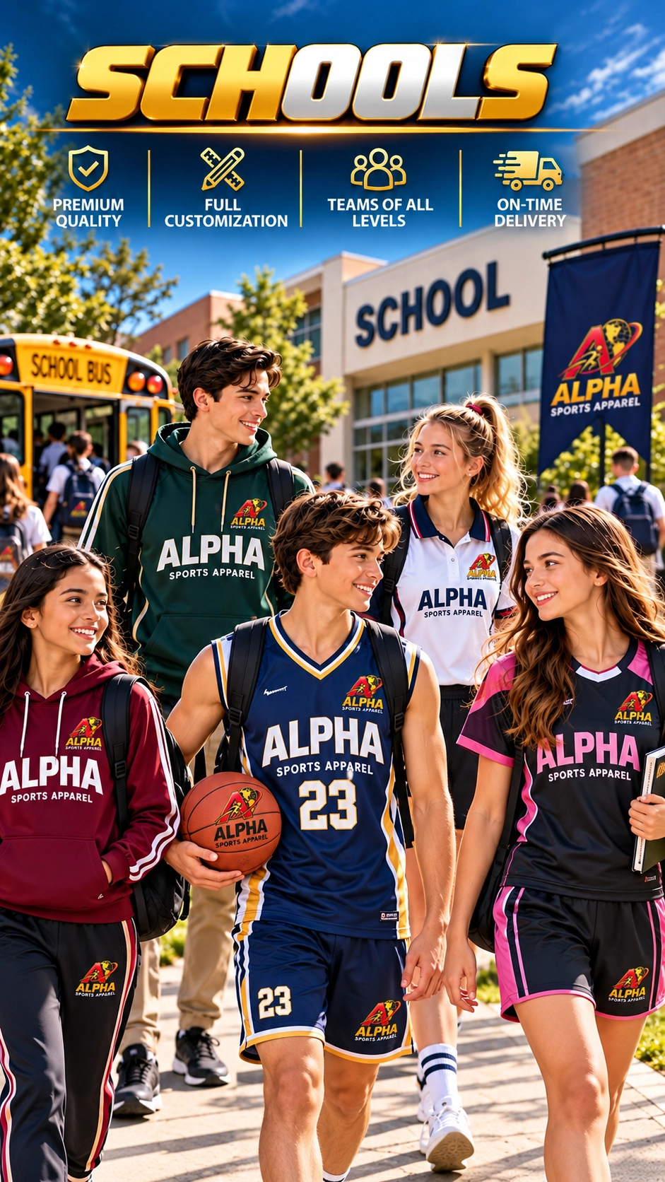 Custom school uniforms and sports apparel for students by Alpha Sports Apparel